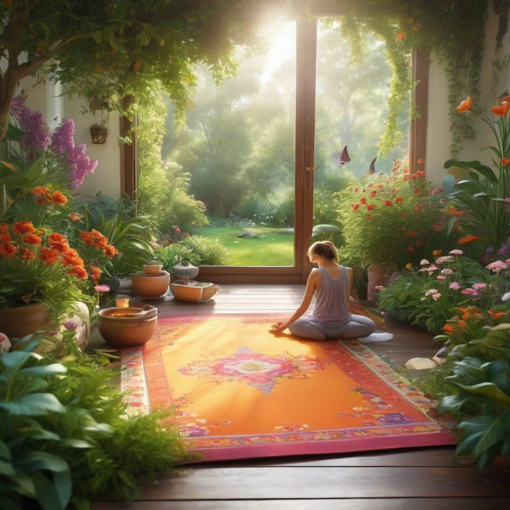 A serene scene depicting a peaceful garden with blooming flowers, a person practicing yoga on a mat surrounded by lush greenery, soft sunlight filtering through the leaves, a cup of herbal tea resting nearby, symbols of joy like butterflies and cheerful birds in the background. vibrant colors. super-realistic. tranquil atmosphere.