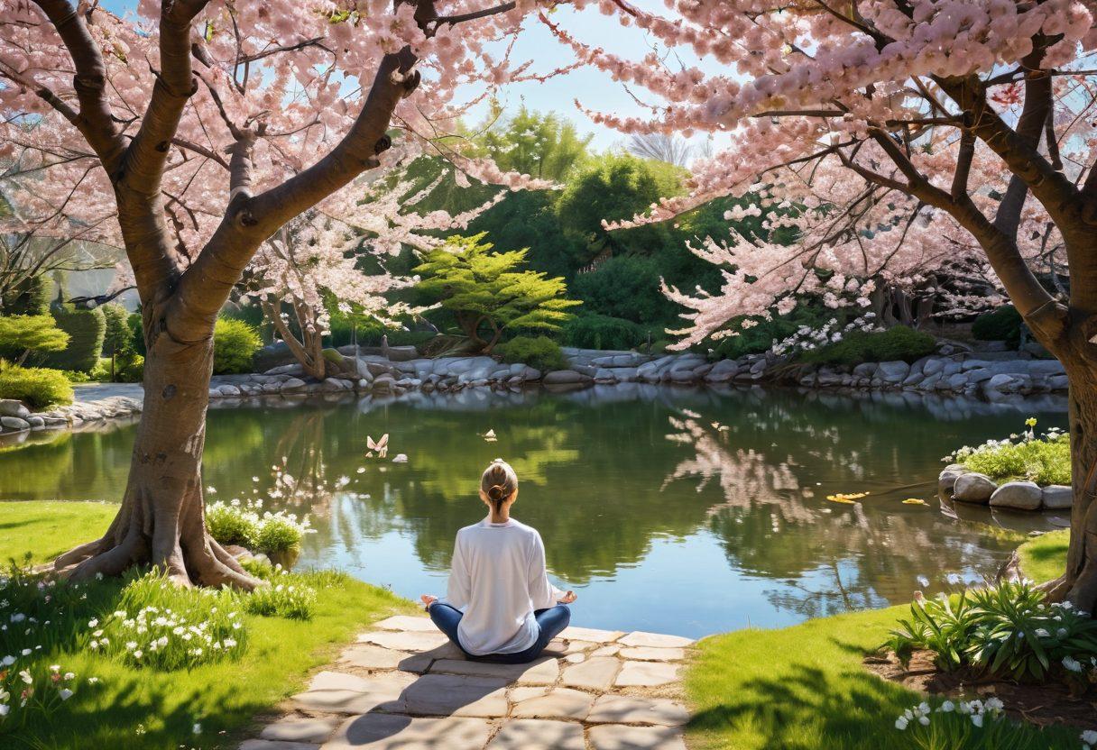 A serene landscape featuring a peaceful garden with blooming flowers, a tranquil pond, and a person meditating under a blooming cherry blossom tree. Soft sunlight filtering through the leaves, casting gentle shadows on the ground. Include symbols of happiness like butterflies and smiling emojis drifting in the air. super-realistic. vibrant colors. soothing atmosphere.