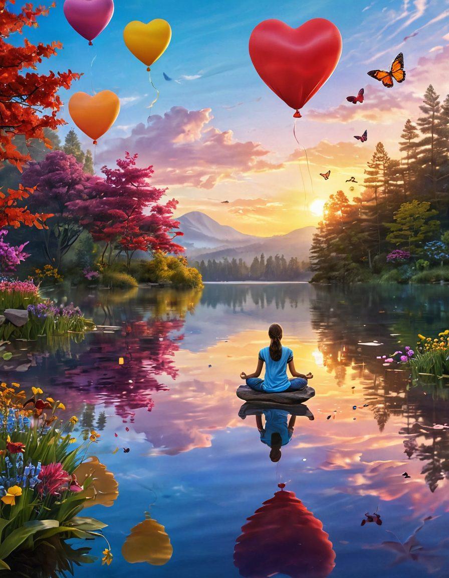 A serene landscape featuring a glowing sunrise over a peaceful lake, with a person meditating on the shore, surrounded by vibrant flowers and butterflies symbolizing happiness. Soft beams of light radiate from the water, illuminating the scene with warmth and hope. Include elements that represent emotional wellness, like floating heart-shaped balloons in the background. super-realistic. vibrant colors. peaceful atmosphere.